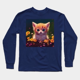 Kitten in field of flowers Long Sleeve T-Shirt